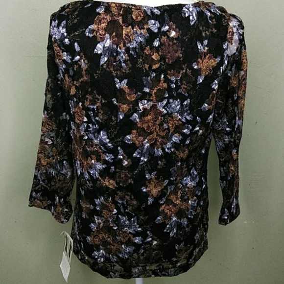 White Stag Black & Brown Lace Top with 3/4 Sleeves - L - NWT - Picture 3 of 8
